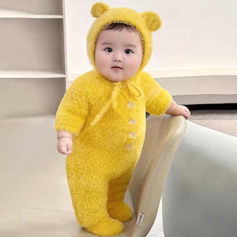 ベビー服 ロンパース 春秋 男女兼用 かわいい 水貂毛 あったか カバーオール 足つき 帽子付き ポリエステル 黄色 ピンク系