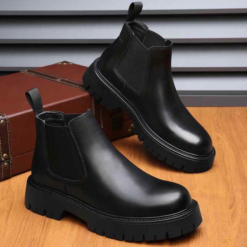 ブーツ メンズ 男性用 秋冬 本革 羊革 シープスキン 厚底 ミドル丈 チェルシーブーツ 5cm 身長アップ 英国風 あったか 滑り止め