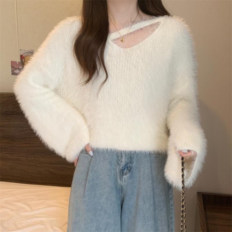 ニット レディース Vネック プルオーバー ドルマンスリーブ ゆったり 柔らかい フェイクミンク カシミヤタッチ 秋冬 厚手 長袖 トップス 韓国風 かわいい 白 ホワイト 黒 ブラック ベージュ 灰色 グレー 紫 パープル
