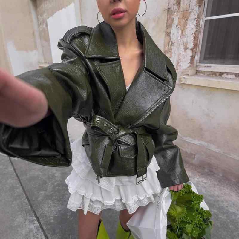 ジャケット レディース バイク ライダース 革ジャン ブルゾン 翻 Collar ジップアップ ルーズフィット ゆったり 普段使い 長袖 20代 30代 グレージュ