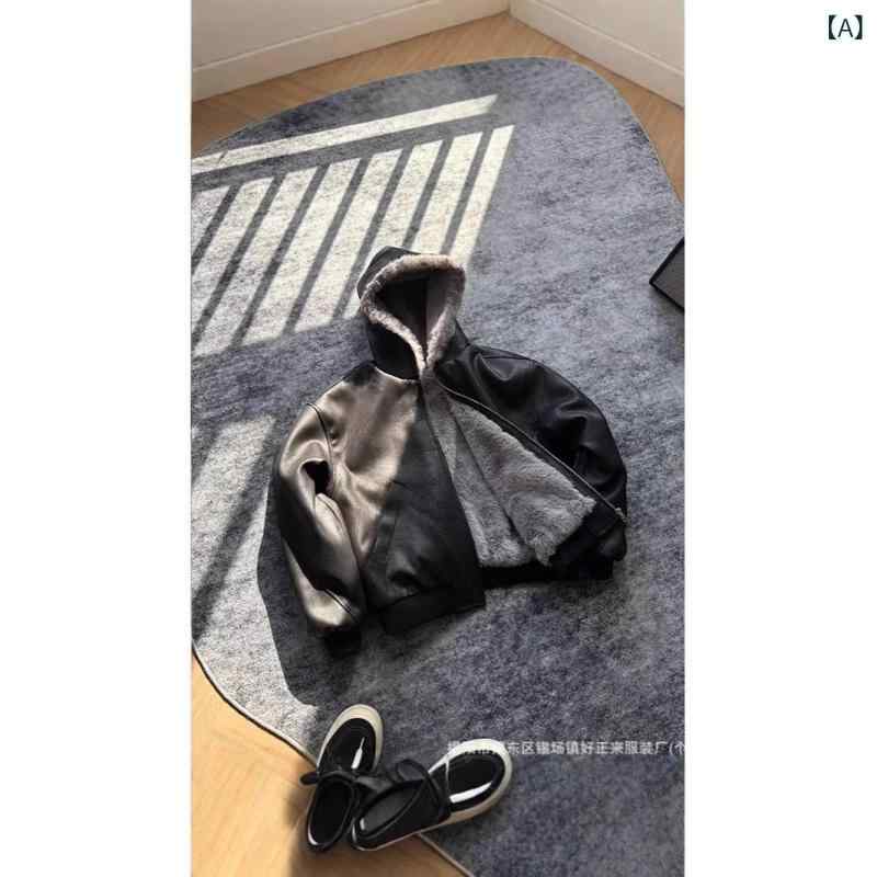上衣 メンズ 成人男性用 雨合羽 防風 フェイクレザー 裏ボア 連帽 秋冬 黒いこと 黒いこと 杏 M L XL XXL大きさ
