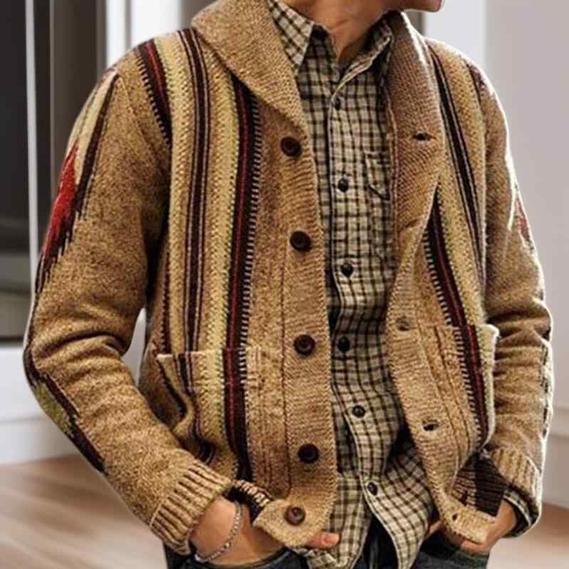 ニット カーディガン メンズ 男性用 長袖 提花柄 ポリエステル 前開き 襟付き トップス 羽織り 秋冬 ベージュ系