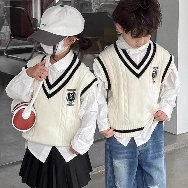 ニット キッズ 男女兼用 子供服 学院風 配色 セーター ベスト チョッキ 春秋 冬 ノースリーブ 丸首 トップス 普段着 90 100 110 120 130 140 150cm