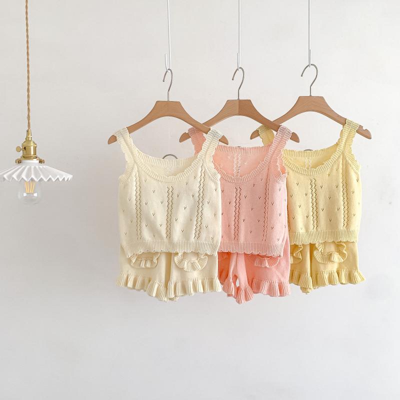 キッズ 女の子 ニット セットアップ タンクトップ ショートパンツ 上下セット 春夏 無地 薄手 80cm 90cm ピンク系 イエロー 杏色