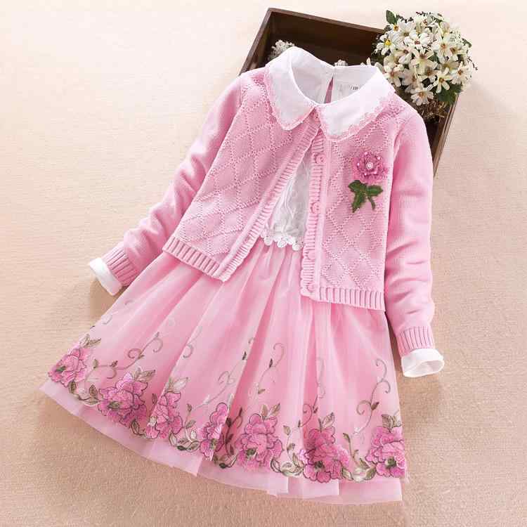 編み物衣装 キッズ うしろ帯 烏兎 赤ちゃん服 長袖 スウェーター 御姫様風 チュールスカート セットアップ 花柄 可愛らしい 普段着 通学着
