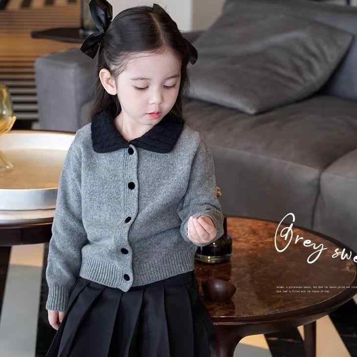 ニットカーディガン ガールズ 韓国風 子供服 撞色 襟付き トップス 秋冬 綿 灰色 80cm 90cm 100cm 110cm 120cm 130cm 140cm かわいい 女児