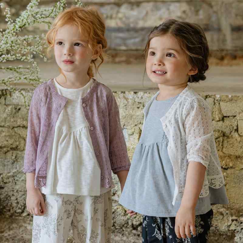 キッズ カーディガン 女の子 サマーニット 7分袖 薄手 ニットトップス 子供服 冷房対策 かわいい ガーリー 白 紫 90 100 110 120 130 140 150cm