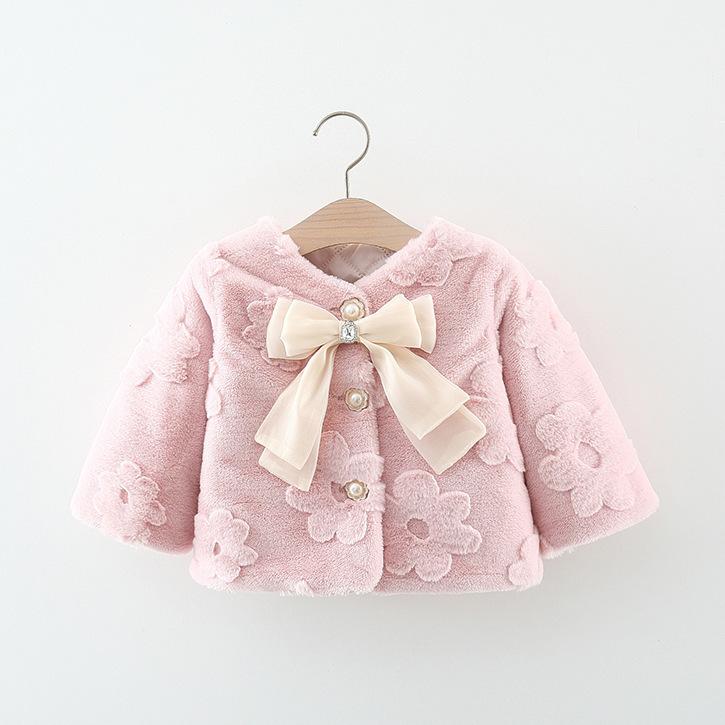 子供服 カーディガン 女児 ニット アウター ジャケット 秋冬 花柄 ボア 暖かい かわいい 厚手 長袖 丸首 ピンク ブラウン ホワイト 80 90 100 110cm