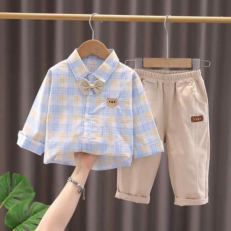 キッズ 男の子用 セットアップ 長袖シャツ 長ズボン 2点セット 春秋 綿 格子柄 クマ 襟付き かわいい 普段着 おしゃれ ブルー
