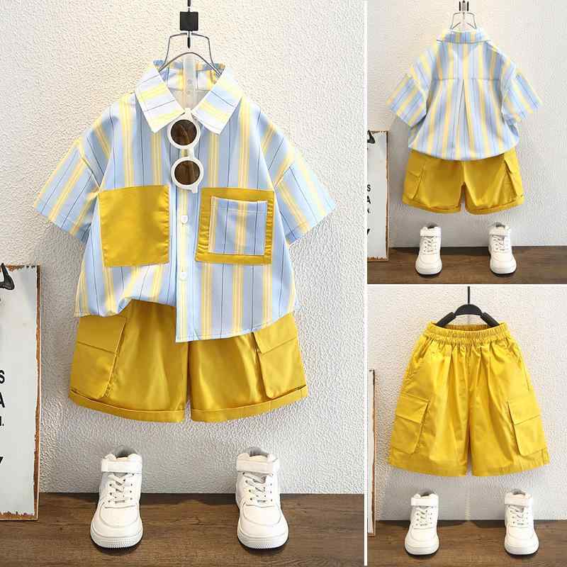 キッズ 男の子用 半袖シャツ ショートパンツ 上下2点セット ストライプ柄 夏服 薄手 コットン混紡 スポーツ ボーイズ 子供服 イエロー系