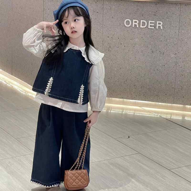 子供服 シャツ セットアップ 女の子 秋物 韓国風 デニム サロペットスカート 2点セット かわいい おしゃれ ガールズ キッズ 子供用 長袖 普段着