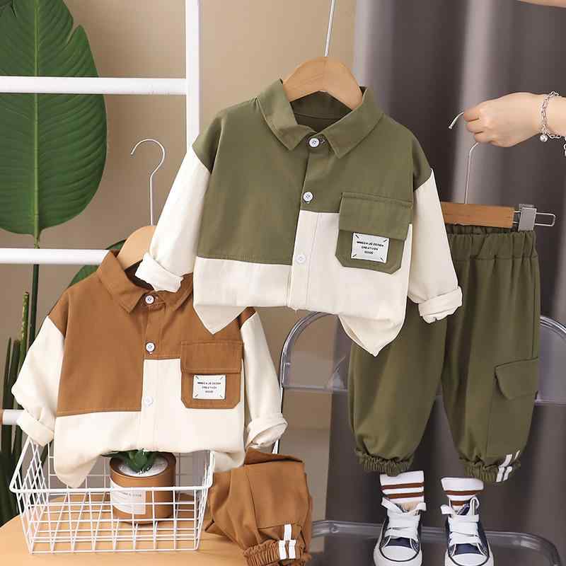 キッズ パンツスーツ 男の子 子供服 長袖シャツ ロングパンツ 上下セット 幼児 1歳 2歳 3歳 4歳 5歳 コットン 秋 ブラウン カーキ 配色 カジュアル
