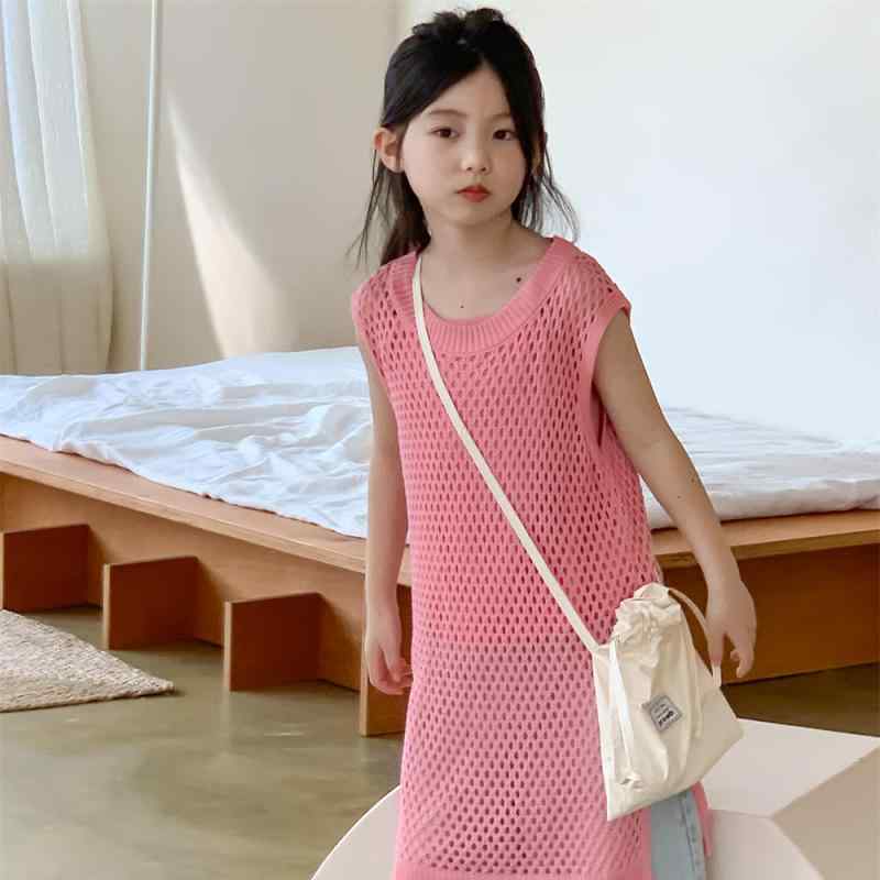 ワンピース 女の子 子供服 ニット ベスト セットアップ 春 韓国風 かわいい ノースリーブ Aライン フレアスカート 膝丈 ミドル丈 コットン95% 90cm 100cm 110cm 120cm 130cm 140cm 150cm