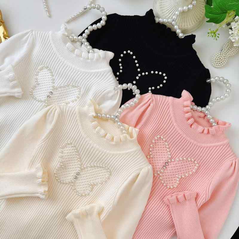 ニット・セーター ガールズ 子供服 秋冬 長袖 プルオーバー パール ちょう結び かわいい 女の子 高学年 トップス 通学 普段使い ホワイト ブラック ピンク系