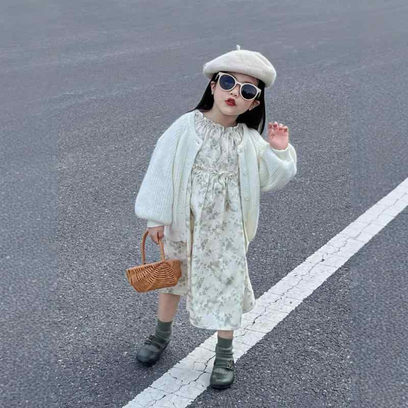 キッズ ニットカーディガン 磨毛 小花柄 ワンピース 2点セット 長袖 女の子 秋物 子供服 セーター トップス かわいい ガールズ 上下セット