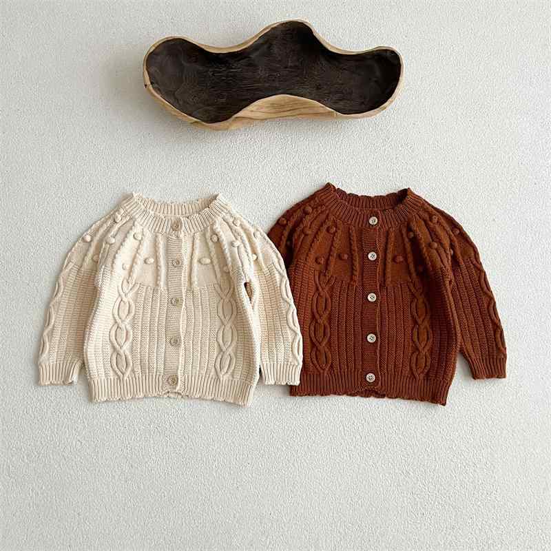 ニット カーディガン ベビー服 男女兼用 コットン 長袖 トップス 春秋 韓国風 無地 ラウンドネック 杏色 66 73 80 90cm