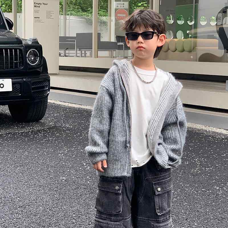 子供服 ニット カーディガン 男の子 韓国風 フード付き ジップアップ 厚手 秋冬 向け 灰色 90cm 100cm 110cm 120cm 130cm 140cm 150cm