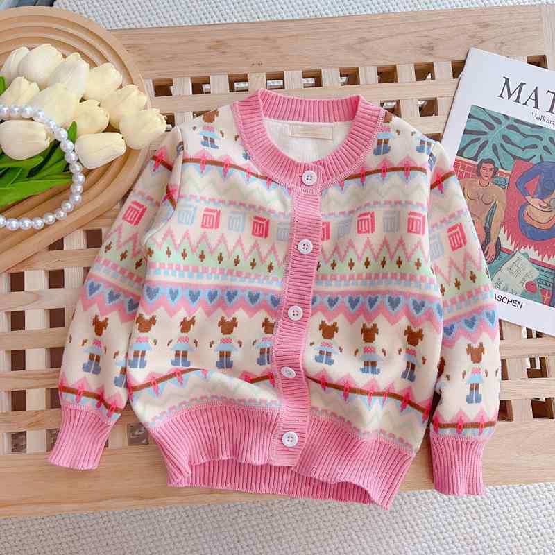 ニット カーディガン キッズ 女の子 裏起毛 厚手 子供服 春秋 かわいい おしゃれ ニットカーディガン アウター 普段使い ピンク系