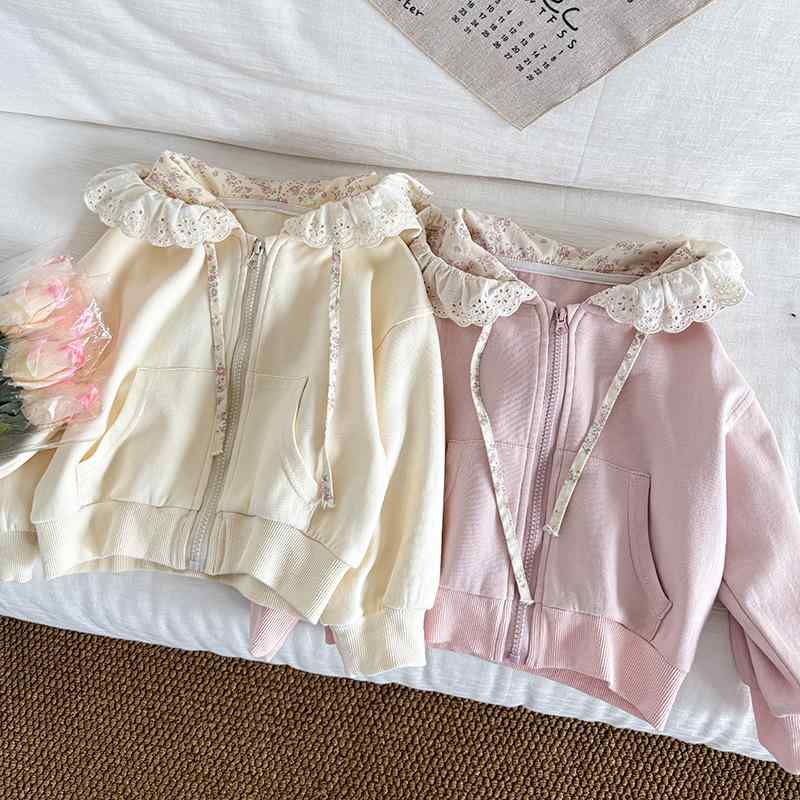 子供服 ジャケット 女の子 韓国風 春秋 かわいい レース 縁取り フード付き ニット パーカー カーディガン アウター 普段着 通園着