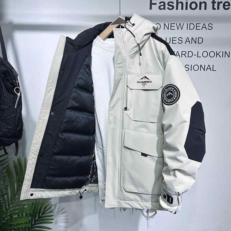 羽絨服 メンズ 成人男性用 ミリタリー 細工物 落ち込む上衣 秋冬 立襟 繋ぎ合わせる ボンネット付き添い人 防寒 保温 アウター 御召しもの 米薄墨色 黒