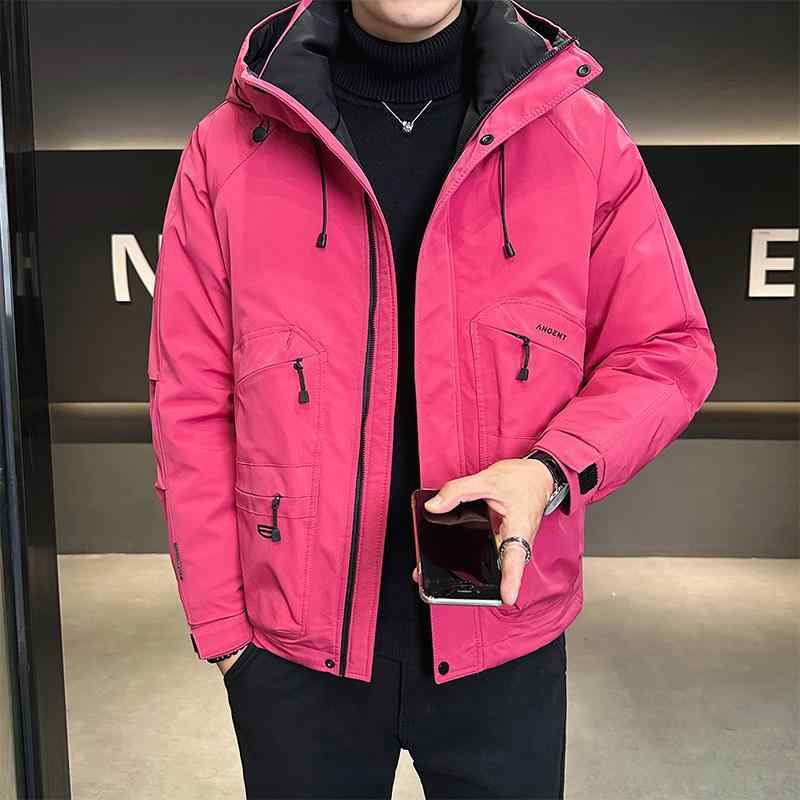 羽絨服 メンズ ・靭色 連帽 秋冬 防寒 アウター 前掛け 上衣 コール天 黒いこと サクラ色系
