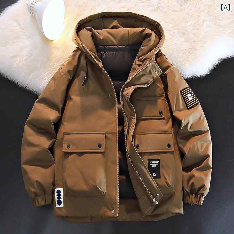羽絨服 メンズ 冬用 厚手 フード付き ジャケット アウター 防寒 撥水 透湿性 暖かい ポリエステル 無地 普段使い アウトドア 褐色 黒 米白 蛍光 紫｜Tanzan
