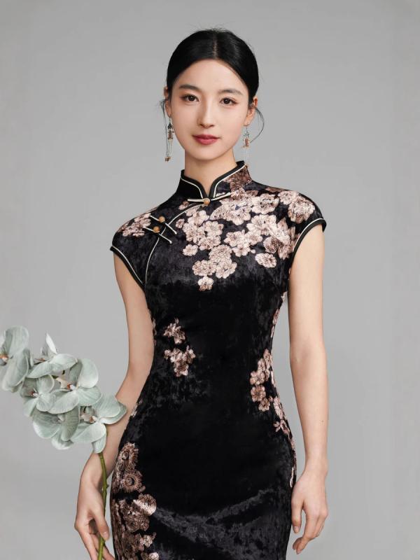 瀬戸ものお召しもの レディース 黒 黒いこと 天鵝絨 天鵞絨 ロング 立襟 ノースリーブ レトロ 寄り合い 婚礼の儀 二次会 お呼ばれ 時間冬 S M L XL 2L 3L 4L レディースファッション-ドレス