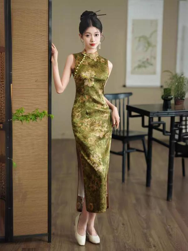 瀬戸ものお召しもの レディース レトロ ロング丈 ダブルレイヤー 提花 か細い 中国風 衣装 組みかえる型 旗袍 赤銅色 ポリエステル 表現スタイル S M L XL XXL XXXL ドレス-レディースファッション