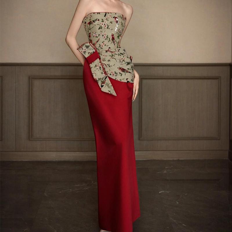 華燭の典御召しもの レディース 華燭の典 定まり 御膳上等感 ロング衣装 ホルターネック 赤いこと 収腰 魚尾 無袖 高腰 成年者 御上さん用