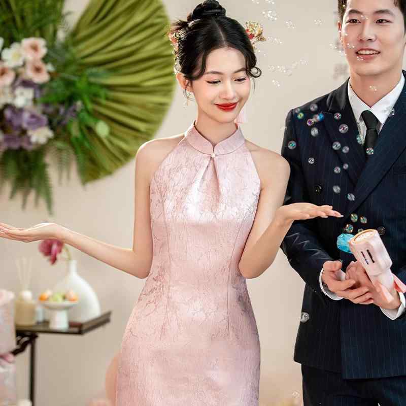 チャイナドレス レディース 無袖 ロング 結婚式 礼服 ワンピース 桜色 ピンク系 Aライン 立襟 フォーマル パーティー