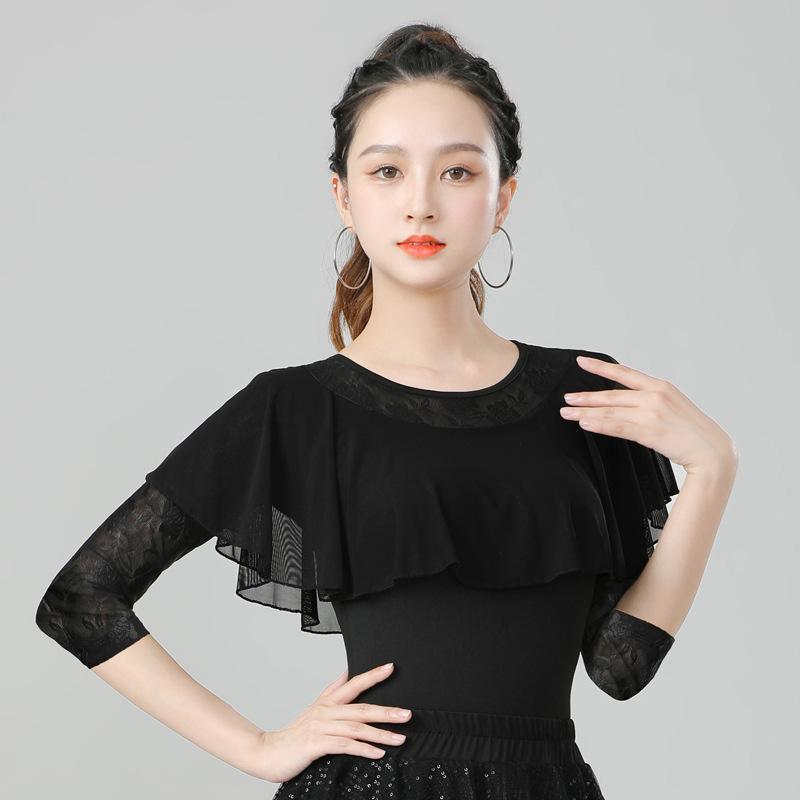 ダンス トップス レディース 大人用 ラテンダンス 国際標準ダンス モダンダンス 7分袖 練習着 レッスン着 再生繊維 ポリエステル ブラック レッド M L XL XXL XXXL 4XL