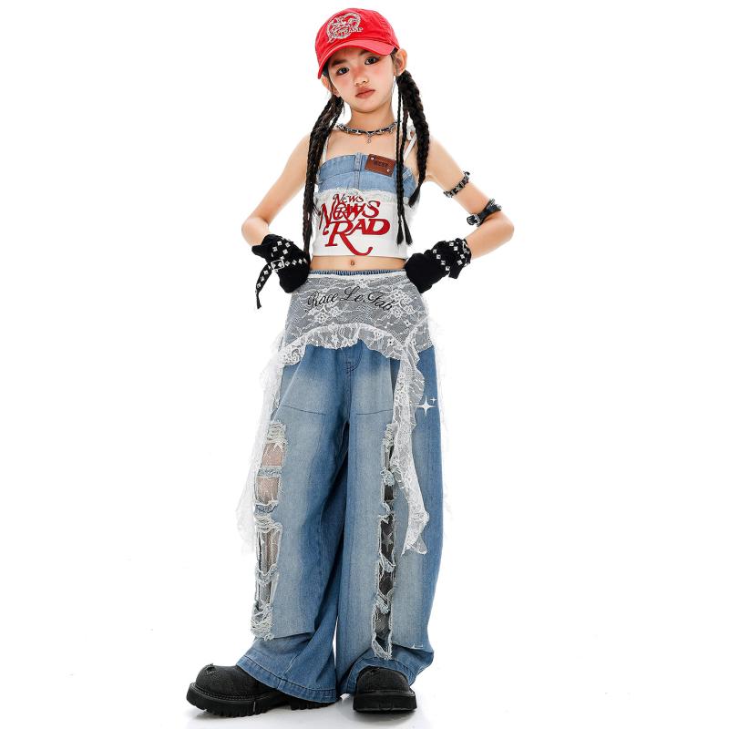 社交ダンス御召しもの ガールズ お臍出し トップス ジーンズズボン下 セットアップ お子さん ズージャー社交ダンス 韓国 読み合わせる着 一こま上演服 白 青 青味 110 120 130 140 150 160