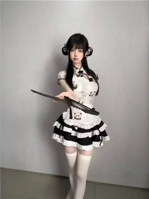チャイナドレス レディース かわいい 国風 パンダ柄 プリント トップス ハイウエスト 着痩せ エプロン セット ケーキスカート チュールスカート 膝丈 ポリエステル 清新 甘め