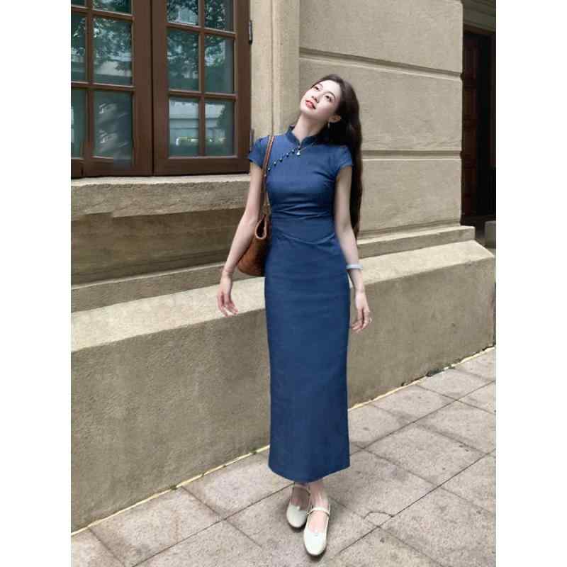 瀬戸ものお召しもの レディース 衣装 春夏 青色 ポロのど首 ノースリーブ 膝丈 ミモレ丈 ポリエステル 窈窕たる か細い レトロ レディースファッション-ドレス