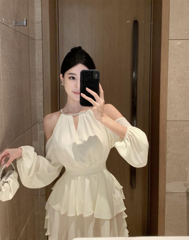 ワンピース レディース 早秋 气? 露肩 法式 ケーキスカート ミニワンピース 長袖 中国風 文?復古 杏色 S M L XL