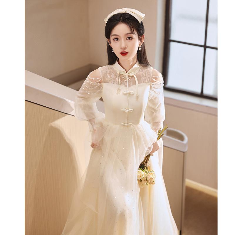 パーティードレス レディース シャンパンゴールド ロングドレス シースルー袖 Aライン ポリエステル チュール 結婚式 披露宴 発表会 立襟 フォーマルドレス イブニングドレス