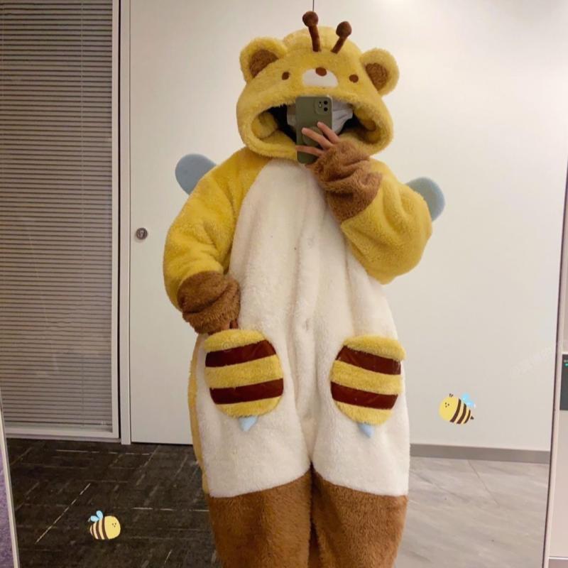 パジャマ レディース ルームウェア 上下セット 部屋着 寝巻き 長袖 長ズボン 厚手 フランネル 珊瑚マイヤー 暖かい 冬 かわいい ミツバチ柄