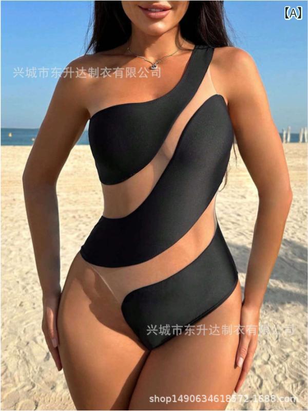 水着 レディース ワンピース水着 体型カバー 無地 ハイウエスト 接触冷感 伸縮性 ブラック ブルー S M L XL