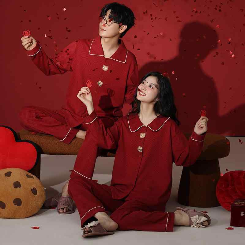 パジャマ レディース メンズ 春秋 綿 長袖 ルームウェア 上下セット 新婚祝い ペアパジャマ 赤色 コットン 快適 部屋着 寝間着