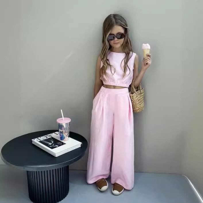 子供用セットアップ 子供用タンクトップ 子供用ストレートパンツ 上下2点セット 子供服 女の子 夏 綿麻風 無地 ブラック ピンク系 100 110 120 130 140 150 160 170