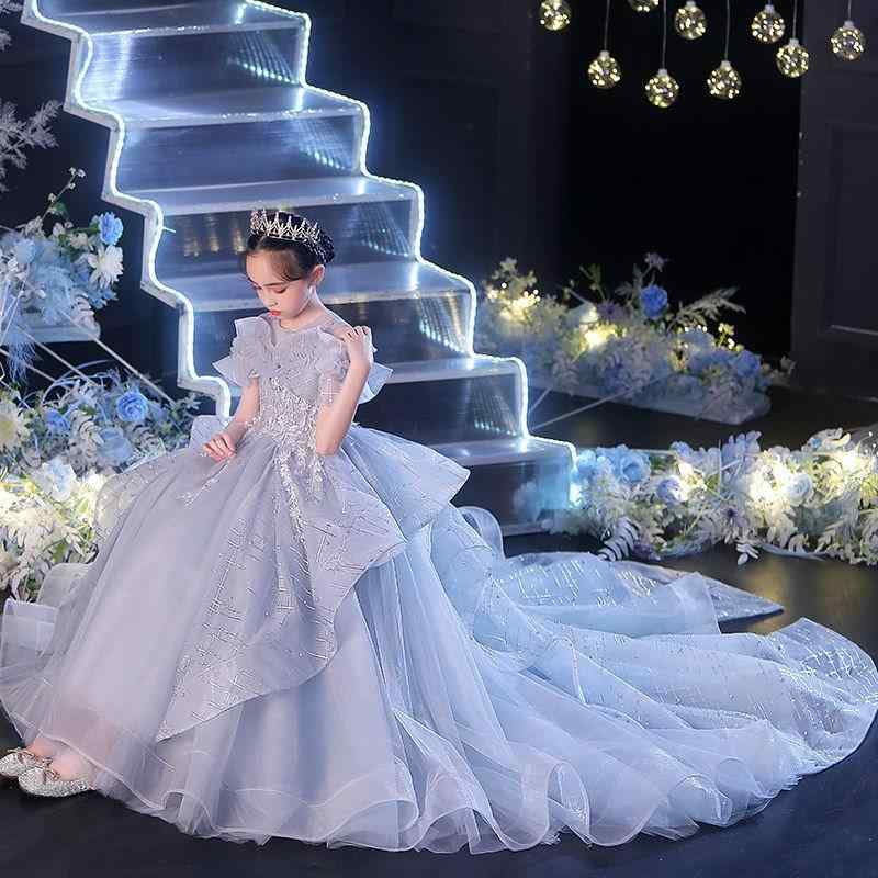 子供用フォーマルドレス 女の子 ピアノ発表会 演奏会 花童 ロングドレス チュールスカート パフスリーブ 結婚式 パーティー グレー 100 110 120 130 140 150 160｜Tanzan
