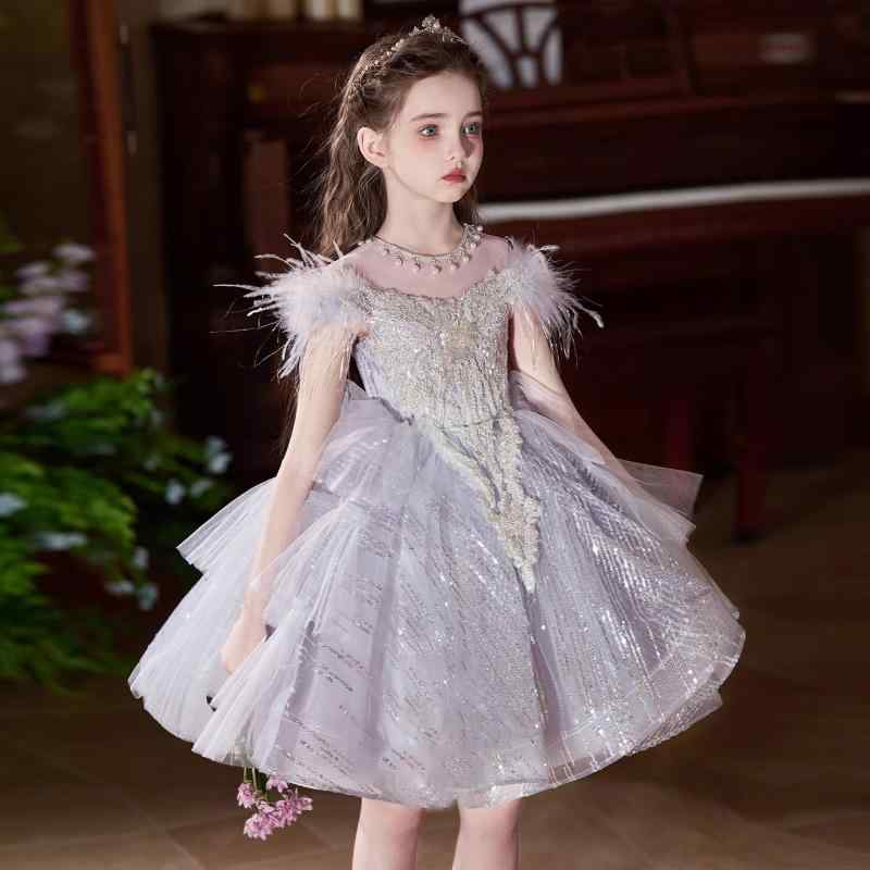 子供用ドレス ガールズ キッズ 女の子 フォーマル プリンセス ピアノ 発表会 演奏会 春夏秋冬 高級感 銀灰色 110cm 120cm 130cm 140cm 150cm 160cm｜Tanzan