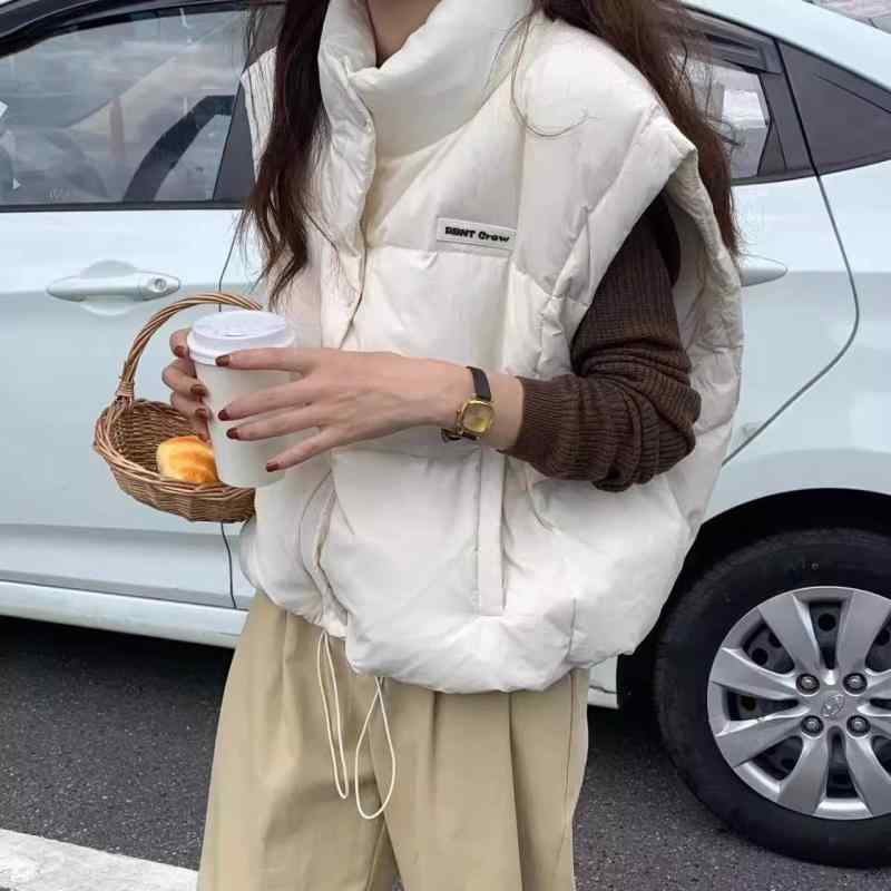 ベスト レディース ショート丈 ゆったり 羽毛 コットン 中綿 無地 立襟 ポケット付き カジュアル 韓国風 秋冬 ベージュ ブラック レンガ色 4,556円