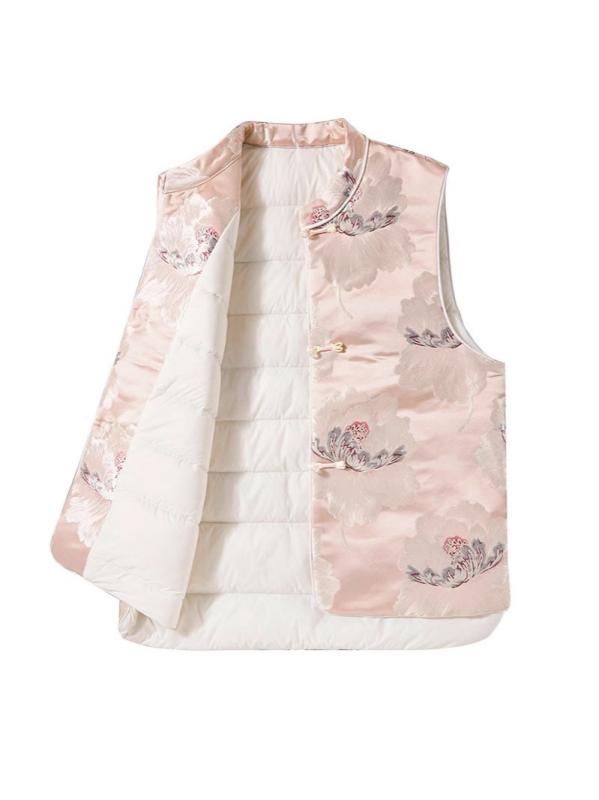 ダウンベスト レディース 新中国スタイル チャイナ風 宋錦風 ジャカード 提花 レトロ ベスト チョッキ 秋冬 服 防寒着 ピンク 牡丹|Tanzan