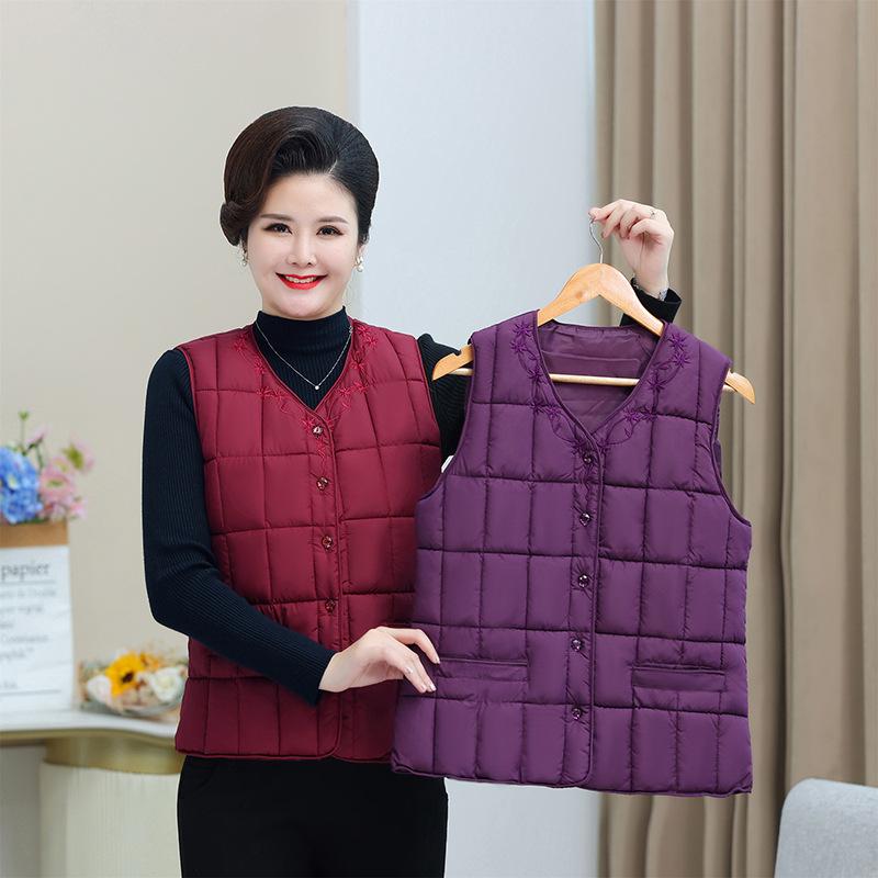 ダウンベスト レディース 中高年女性用 あったかインナー 通勤 ヨーロッパ風 チョッキ ショート丈 Vネック 花柄 ポリエステル 黒/ローズ/ワインレッド L/XL/2XL/3XL/4XL/5XL/6XL/7XL