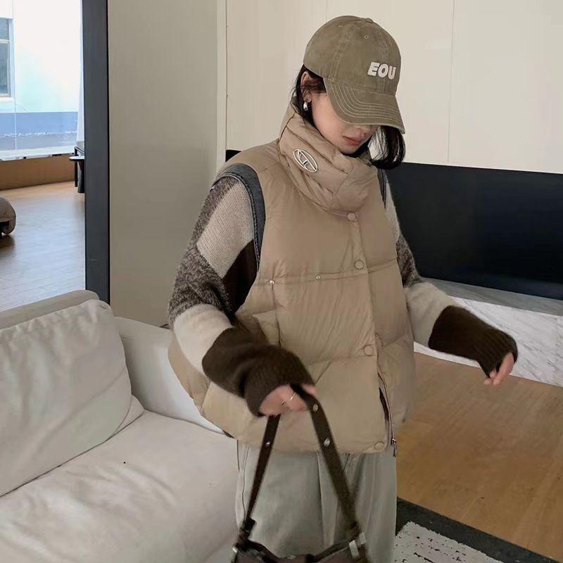 限りない レディース 韓国風 立襟 ゆったり 羽織り ベスト トップス 普段使い走り 通い 黒いこと 白いこと系 杏色