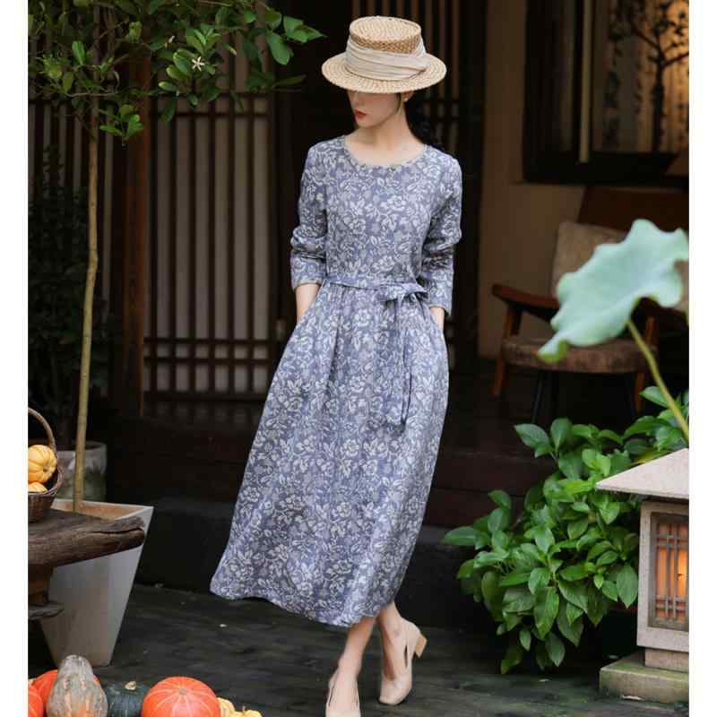 ワンピース レディース 秋冬 コットン 提花 レトロ 長袖 ロング丈 マキシ丈 Aライン ゆったり ラウンドネック 文芸風 宝藍提花 深灰提花