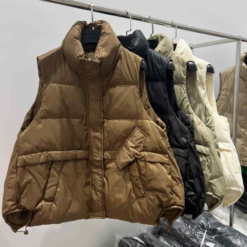 落ち込む限りない レディース 韓国風 流行り物 格好のいい ゆったり 朦々たる か細い押し出し ノースリーブ 上衣 アウター カーキ色 米白いこと 黒 焦糖色 ポリエステル衣料繊維 白鴨? 立襟 日韓 心地よい