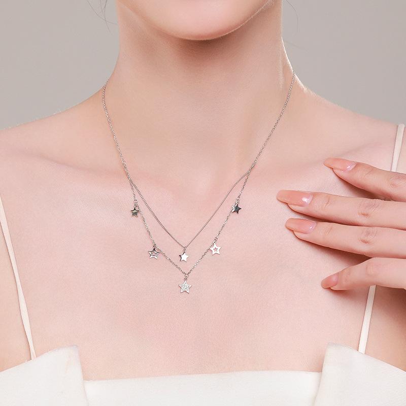 ネックレス レディース S925 シルバー ダブルレイヤー スター 星形 ペンダント チョーカー ジルコニア 白金色 金色 ファッション 通勤 かわいい