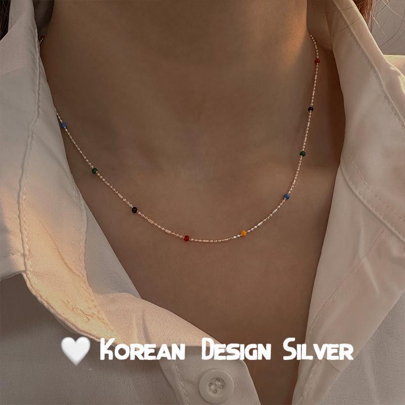 ネックレス レディース シルバー925 銀 彩虹 レインボー ビーズ ペンダント ファッション プチプラ かわいい おしゃれ 幾何学模様 ショートネックレス 長さ41cm 50cm